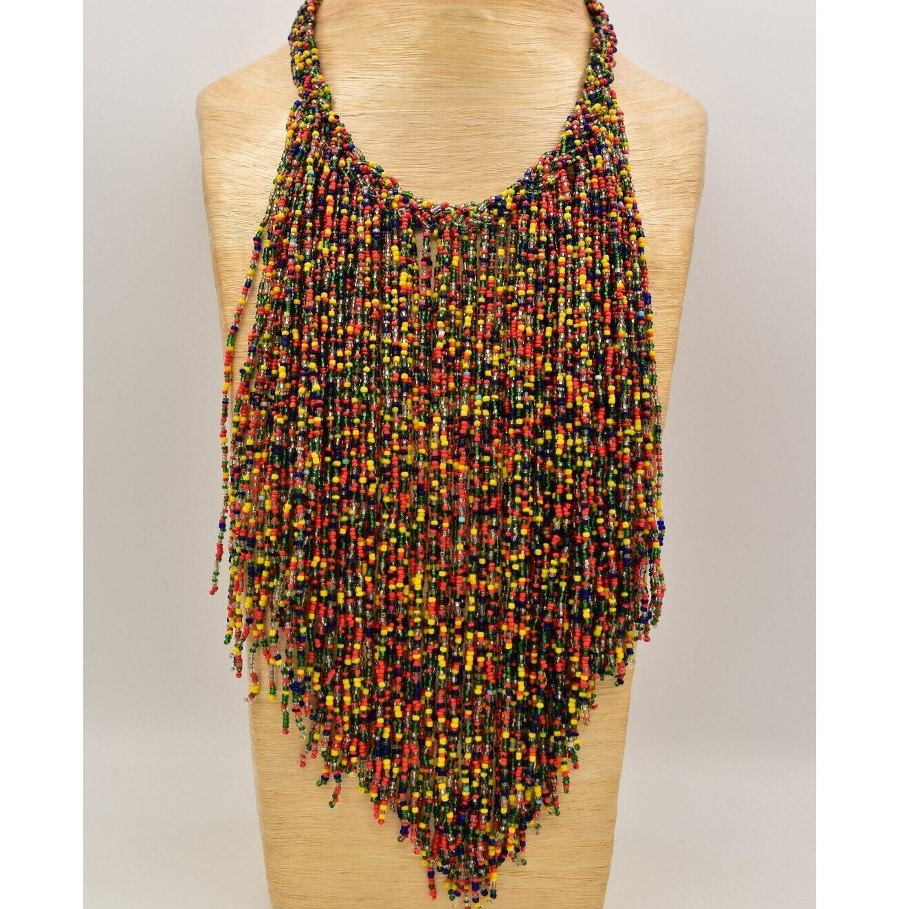 Vintage Rainbow Beaded Bib Statement Necklace Fringe Collar Colorful 70s BinA17