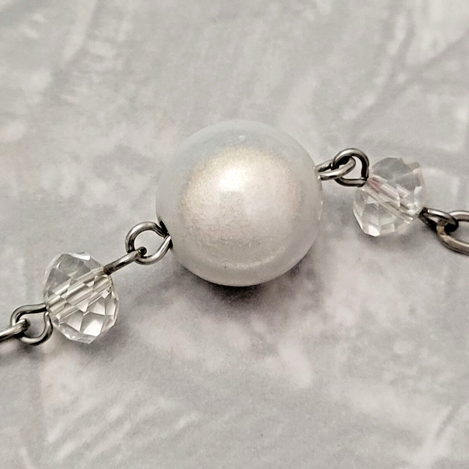 Vintage Estate Silver Tone Faux Pearl Charm Station Statement Necklace ~ 41″