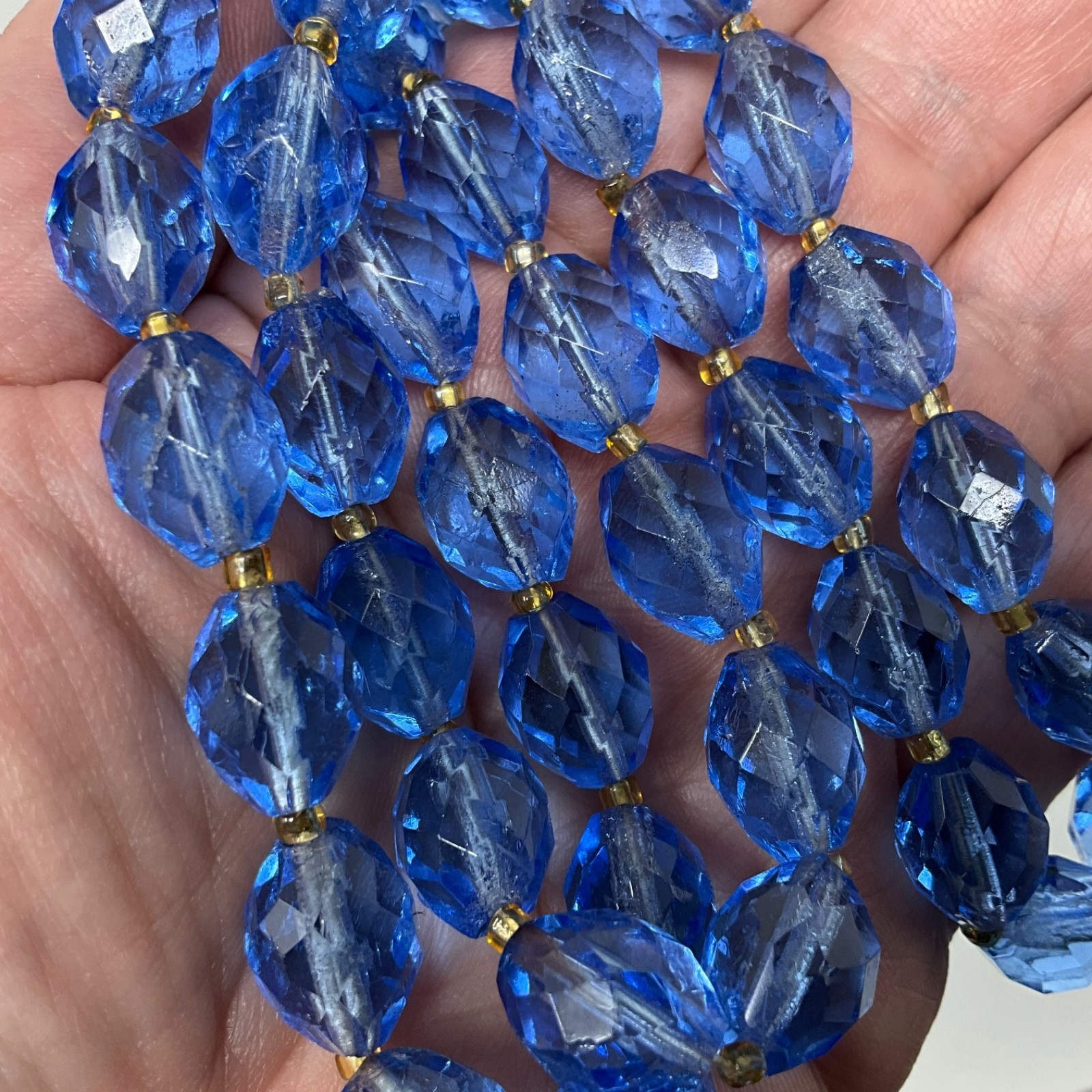 Vintage 20″ Faceted Blue Glass Bead Necklace and Dangle Clip Earrings Set