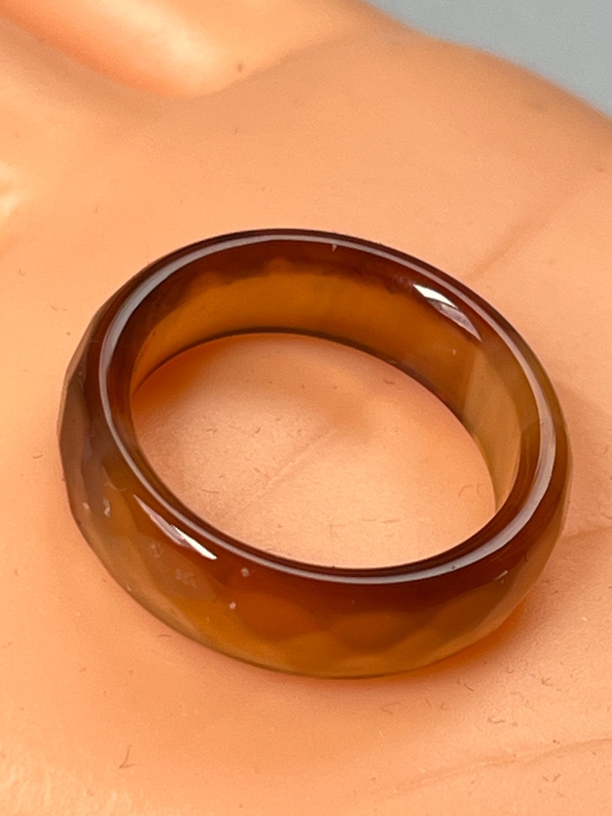 Cream & Amber Faux Carved Stone Faceted Plastic Stacking or Not Band Ring Sz 6.5