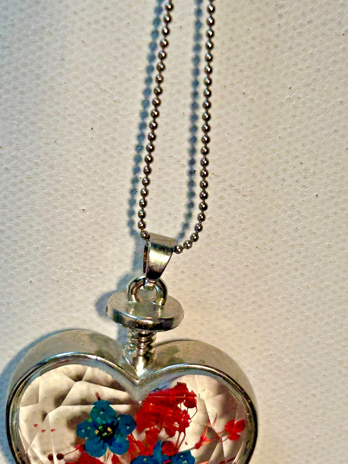 Vintage Heart Pendant Necklace Blue and Red Pressed Flowers