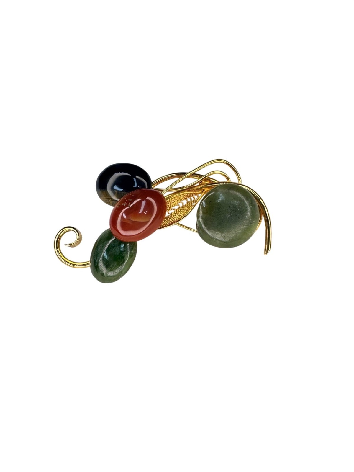 Gemstone Spray Brooch Jade Carnelian Tiger’s Eye Gold Tone Vintage