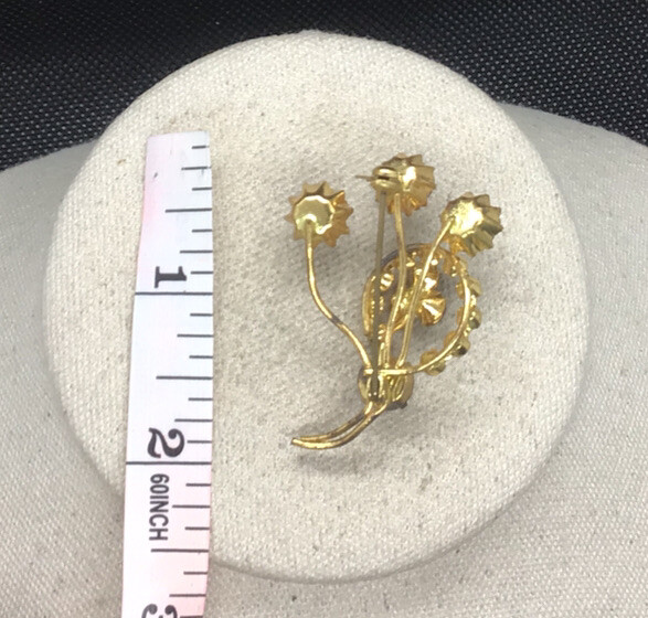 Vintage Gold Tone Costume Red & Iridescent Rhinestone Floral Pin MM956