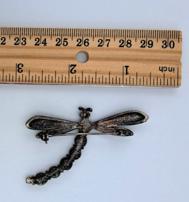 Vintage Dragonfly Brooch Pin Silver Metal Pewter Rhinestone Artisan Figural 3D