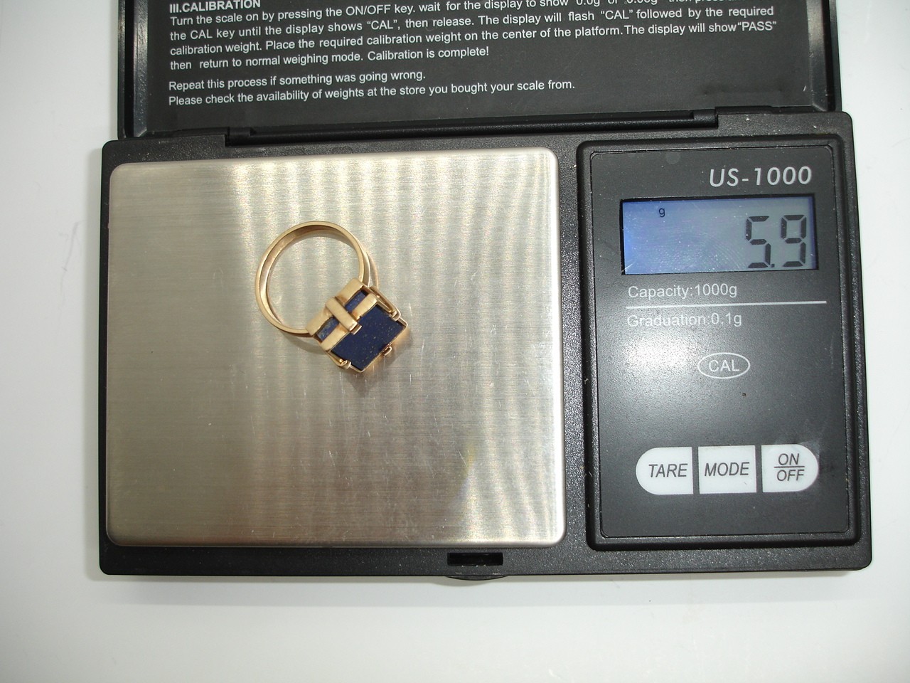 14K Gold Lapis Lazuli Signet Statement Ring Mid Century Deco two-tiered square 7