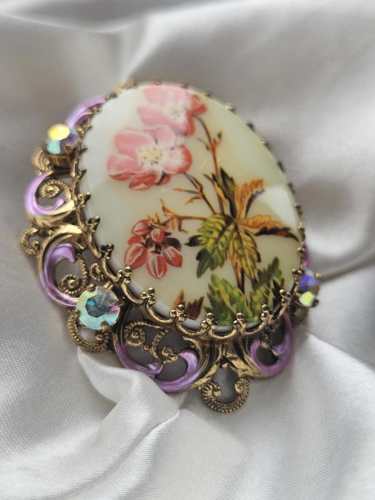 Made Germany intage 40’s Rhinestone Orange Poppy Flower Porcelain Brooch 23f6