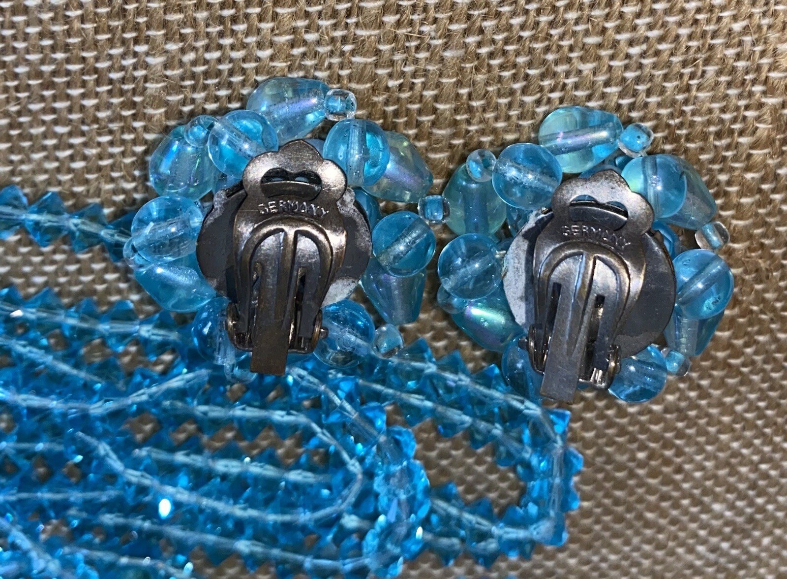 Signed On Earrings, Germany, Iridescent Clip On Earrings, Blue Crystal Necklace