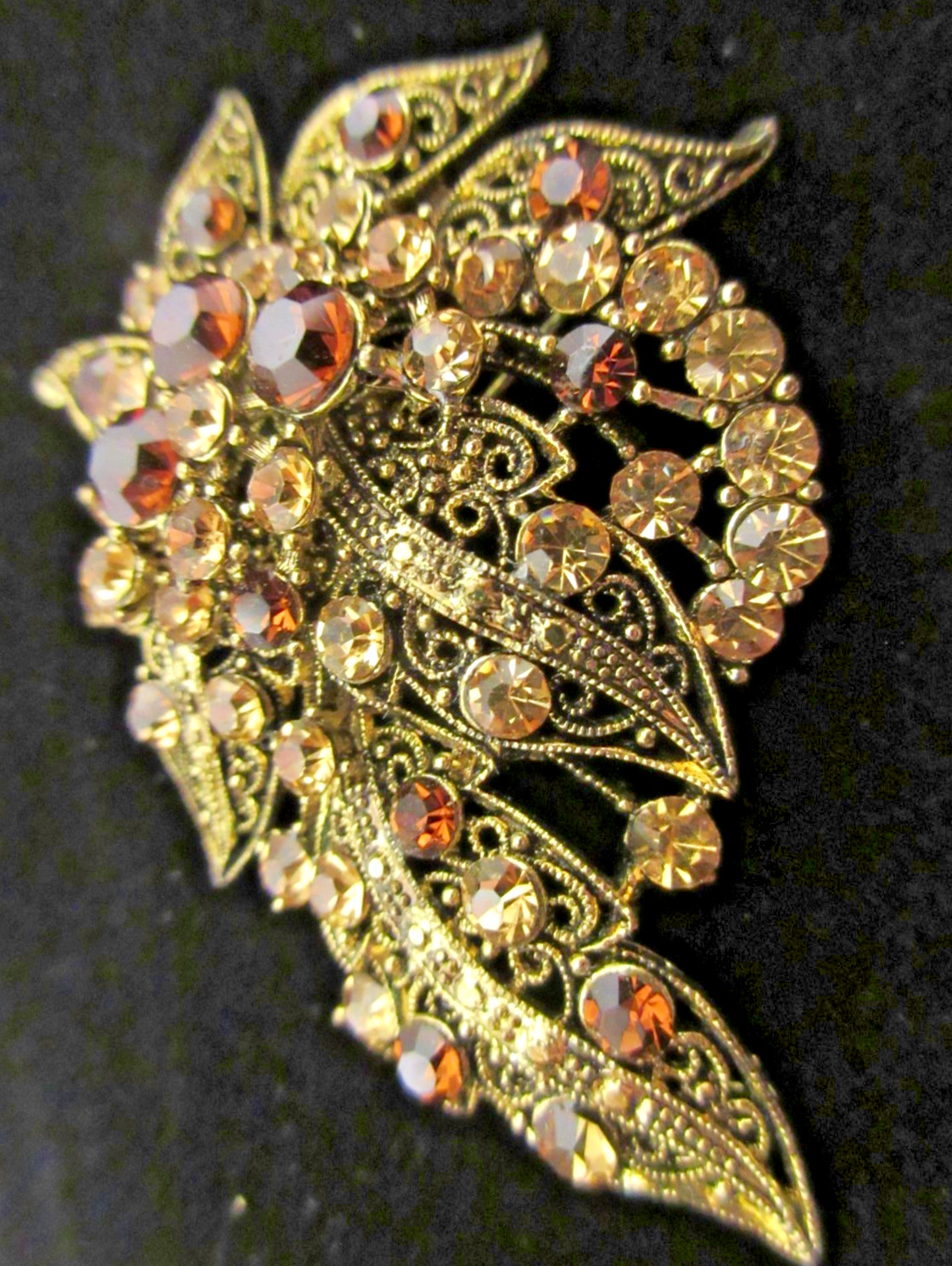 Vtg Gold Tone Cannetille Amber Orange Cream Rhinestone Brooch Pin Pendant