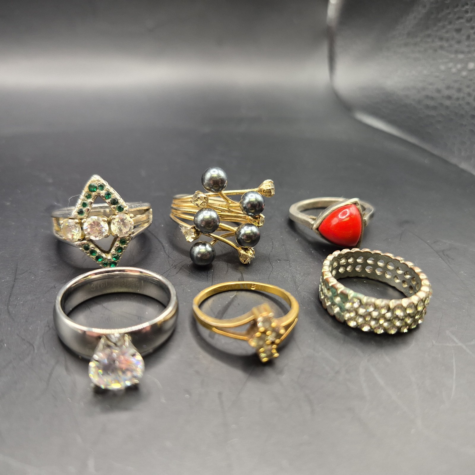 6 Vtg Ring Collection Lot Size 8 Costume Jewelry Gold Tone Silver Tone