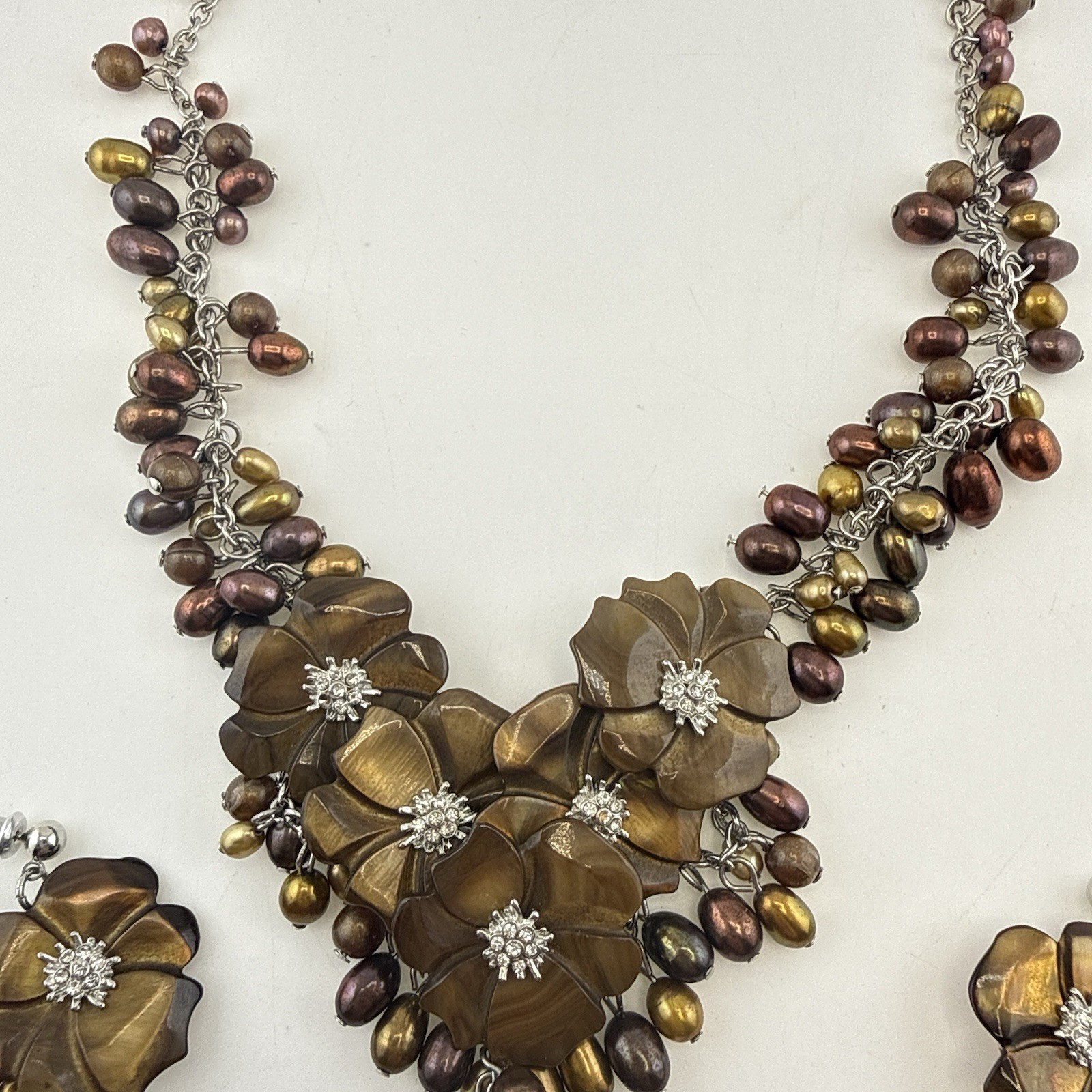Tigers Eye Pearl Necklace Earrings Set Floral Waterfall Cluster Silver Tone QVC