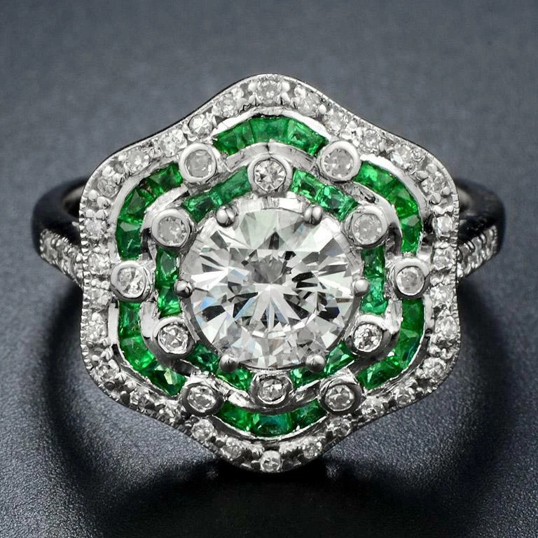 Stunning Art Deco Look With Vivid Green Emerald & Clear White CZ Floral Ring FN