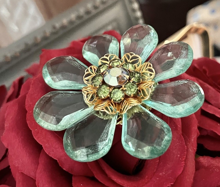 Vintage Mid Century Jumbo Lucite AB Blue Green Aqua Crystal Flower 3” Brooch
