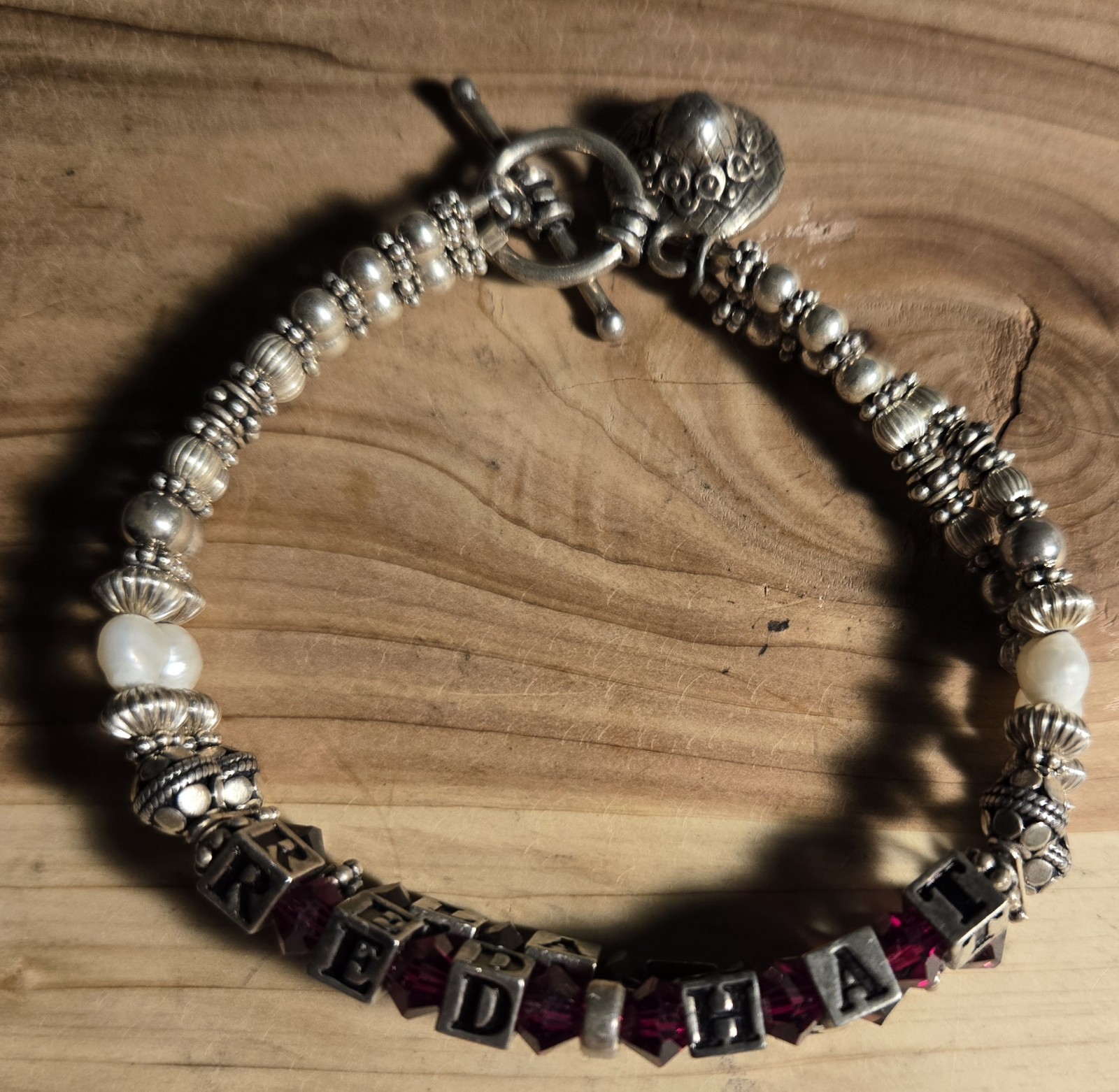“Red Hat Lady” Personalized Sterling Silver Block & Beaded Bracelet Vintage