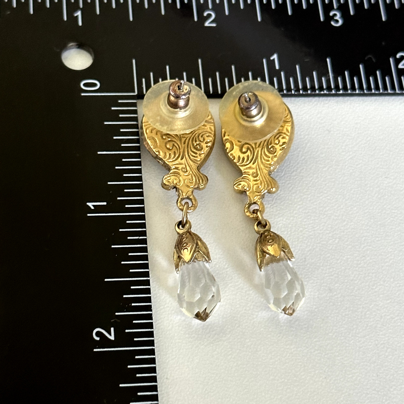 Vintage Clear Faceted Crystal Black Acrylic Stone Gold Tone Dangle Earrings