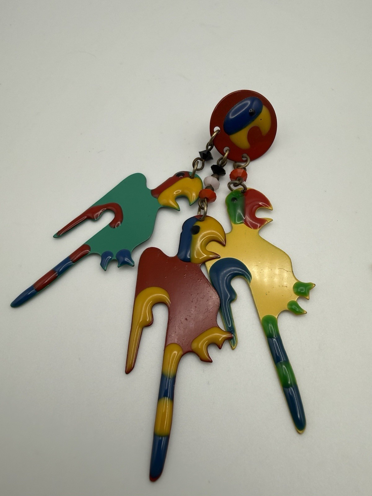 Vintage Dangle Enameled Parrot Earrings 4”