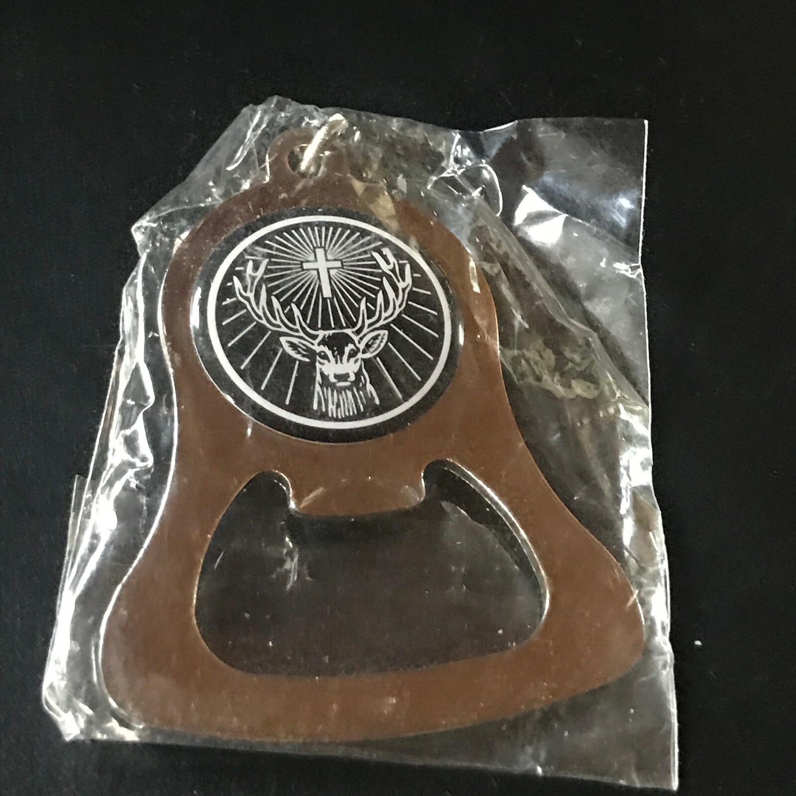 Estate Silvertone Bottle Opener w Black & White Stag Deer Head & Cross Medallion