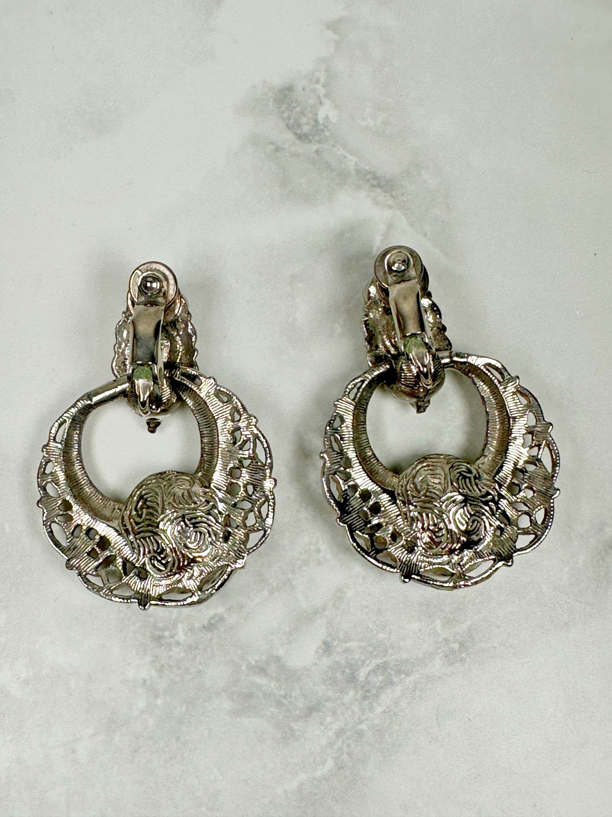 Silver Tone Clip-On Earrings with White Glass & Rhinestones – Vintage – 1.5″