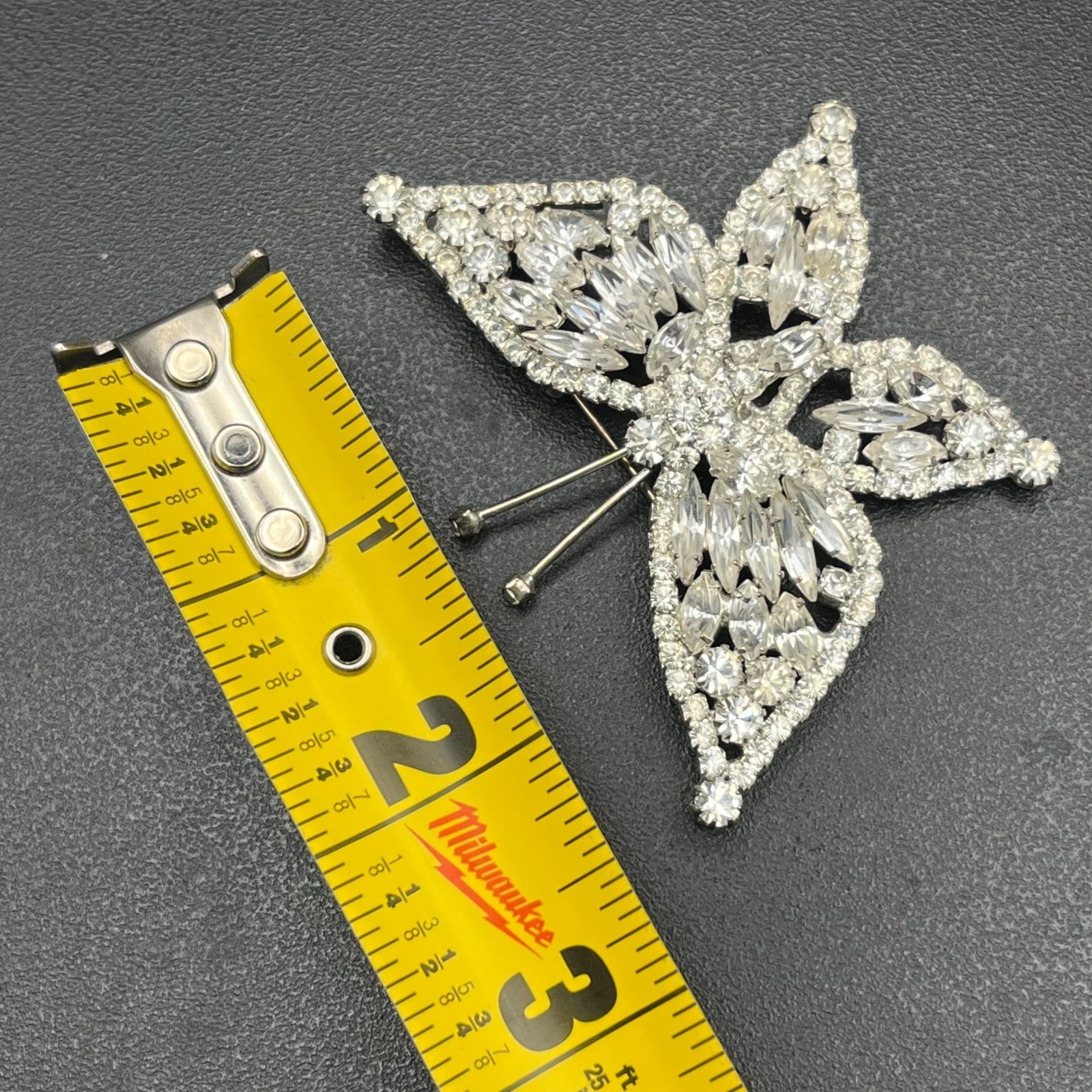 Mid Century Rhinestone Butterfly Brooch Silver Tone Navette Wings