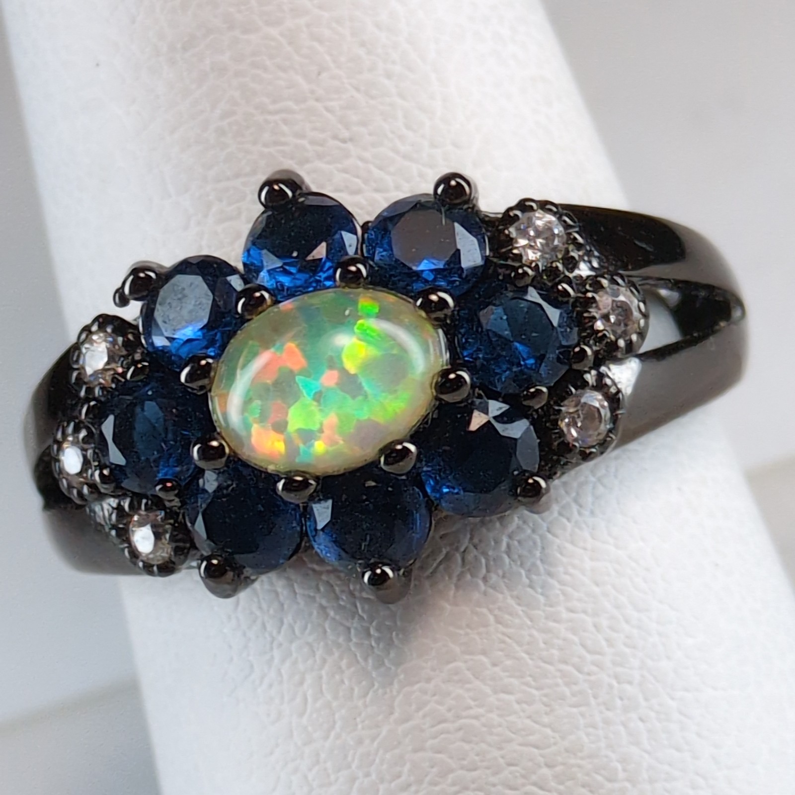 Goth Black Gunsmoke 925Sterling Silver Lab-Created Opal Blue Sapphires CZ Ring