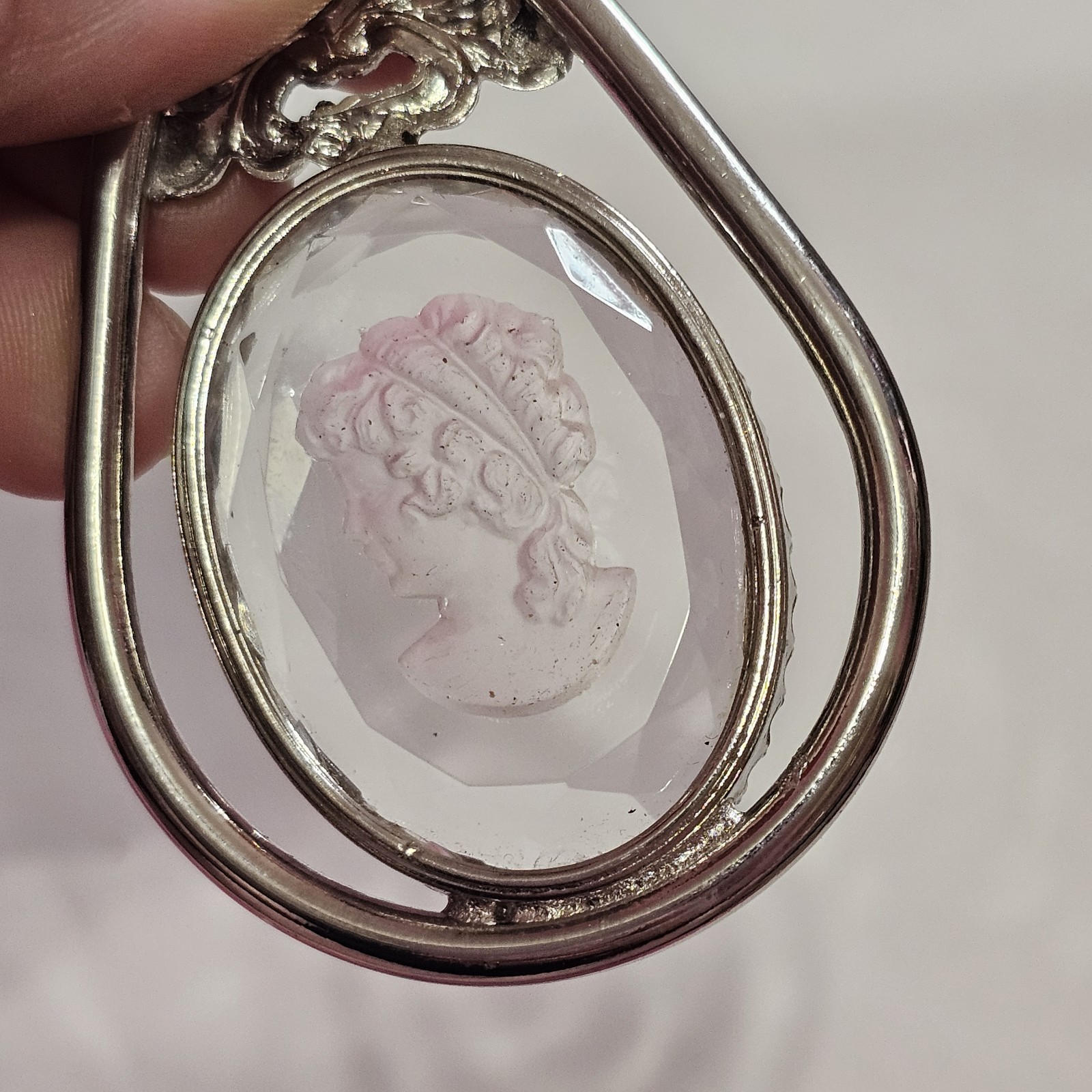 Intaglio Glass Cameo Portrait Vintage Jewelry Silver-tone Pendant Only