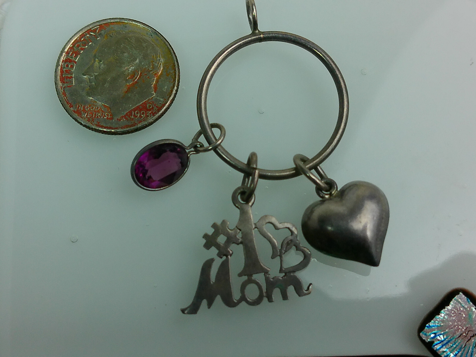 Vtg Sterling Silver #1 Mom Puff Heart Pink Glass Stone Charms Round Holder Lot
