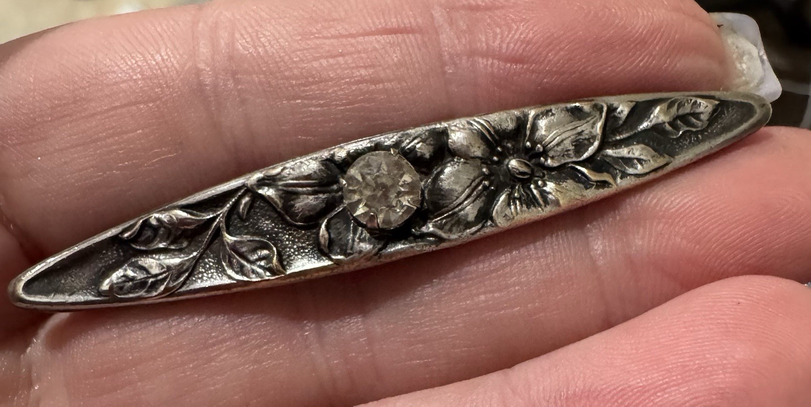 Antique Art Deco Sterling Silver With Rhinestones Bar Pin/Brooch
