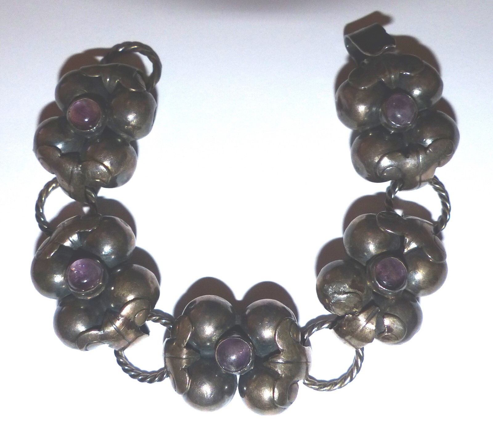 Mexican Silver Amethyst Bracelet With Slver Rope Links Vintage