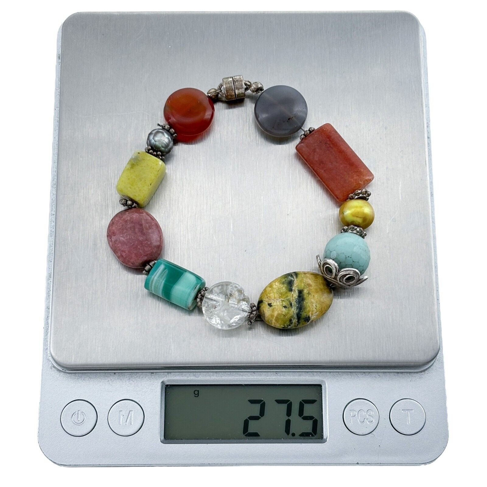 Artisan Silver Tone Multi Gem Magnetic Clasp Bracelet 7.25″