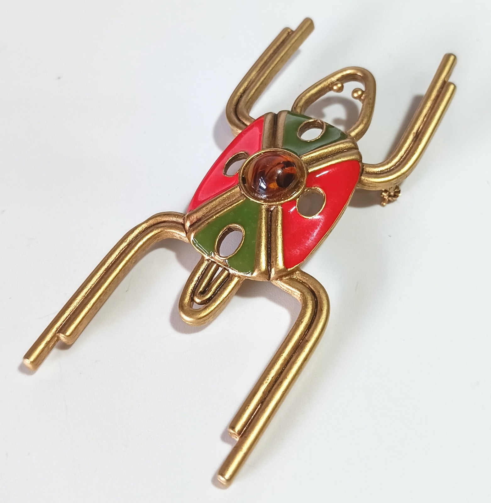 Vintage Gold-tone Insect Bug Brooch w/ Enamel Body & Translucent Cabochon