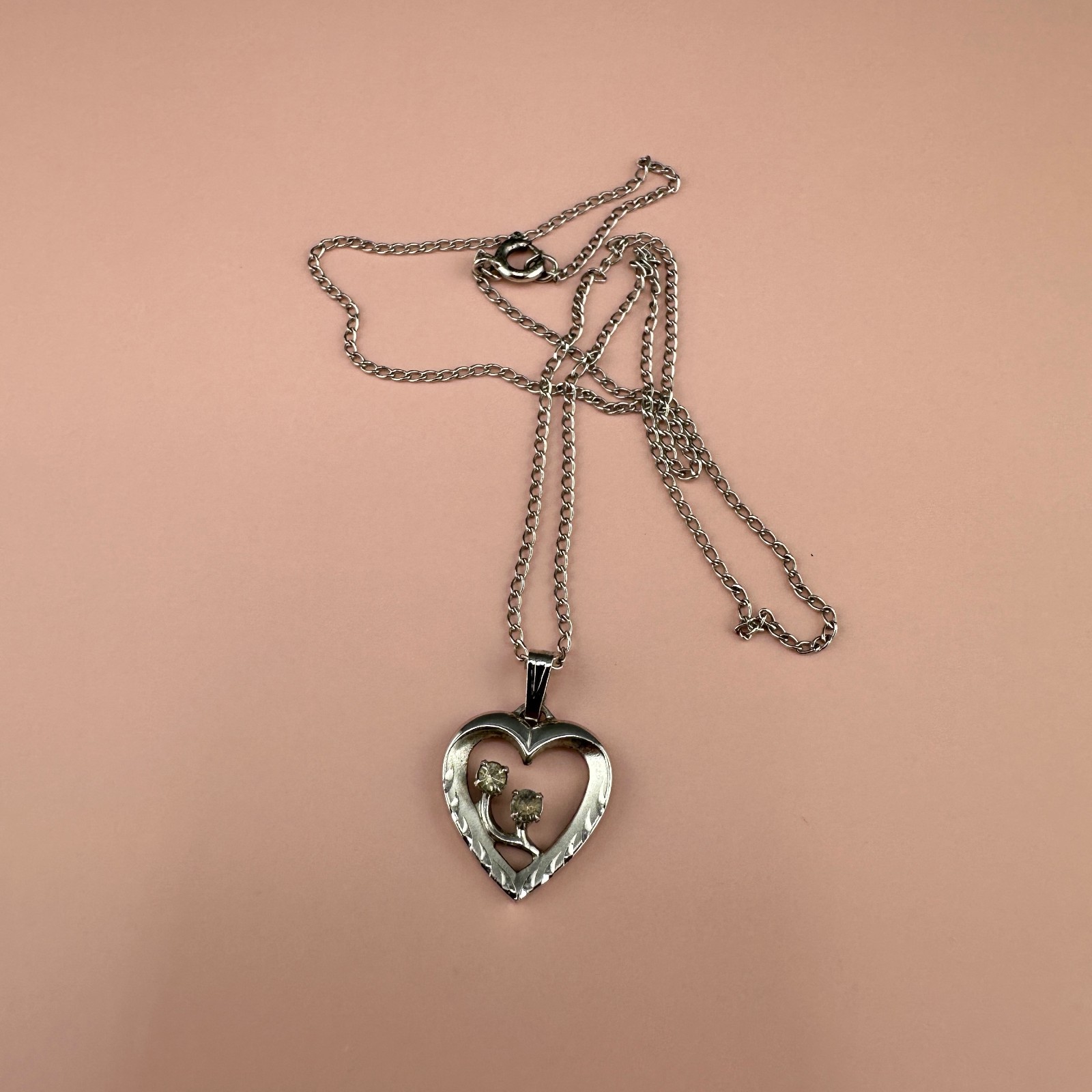 Vintage Sterling Silver Rhinestone Heart Pendant Necklace 925 Chain 16″ Signed
