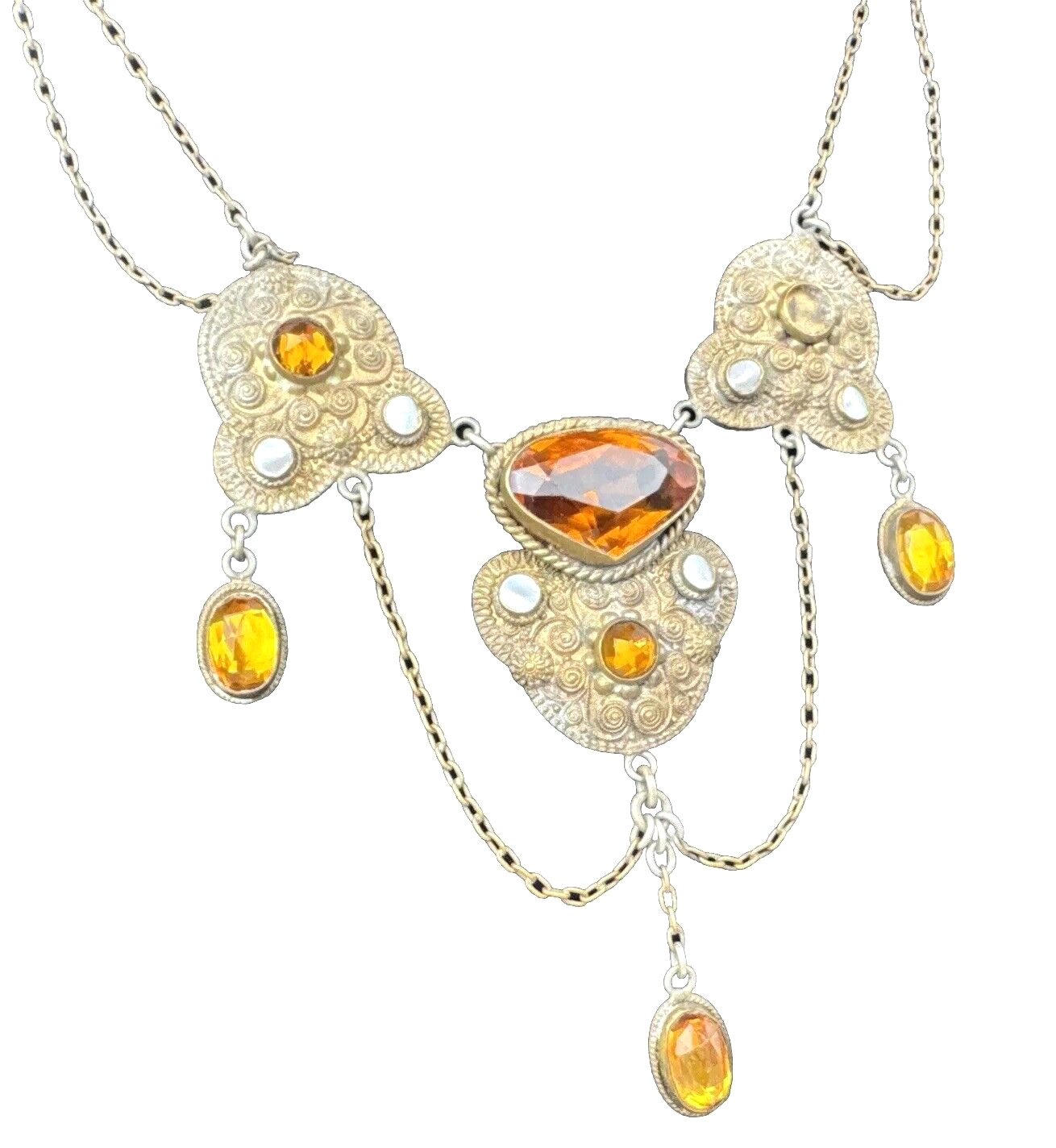 Antique Vtg Victorian Festoon Drape Swag Necklace Amber Stones Box Clasp