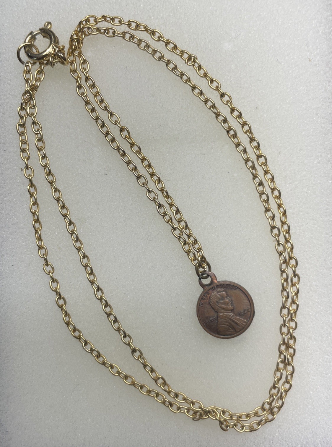Miniature 1964 penny 1cm Coin Charm Pendent Necklace Vintage 18” gold tone chain