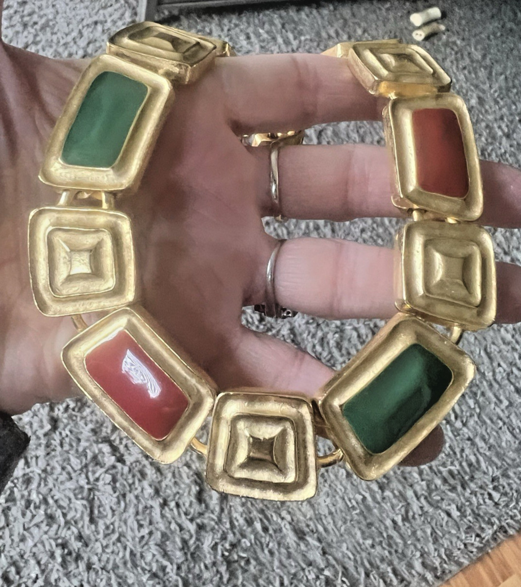 Vintage Green & Red Enamel Panel Chunky Gold Plated Necklace 16 1/2″
