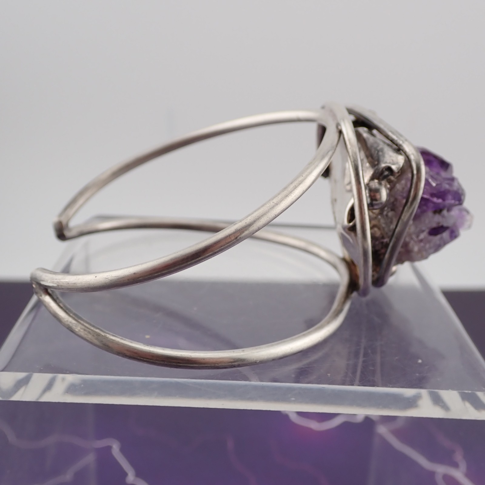 Vtg Sterling Silver Natural Amethyst Geode Crystal 7″ Cuff 41.9 gr Bracelet