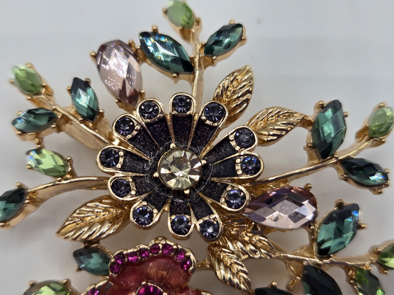 Napier Flower Brooch Gold Tone Enamel Green White Pink Purple Stones