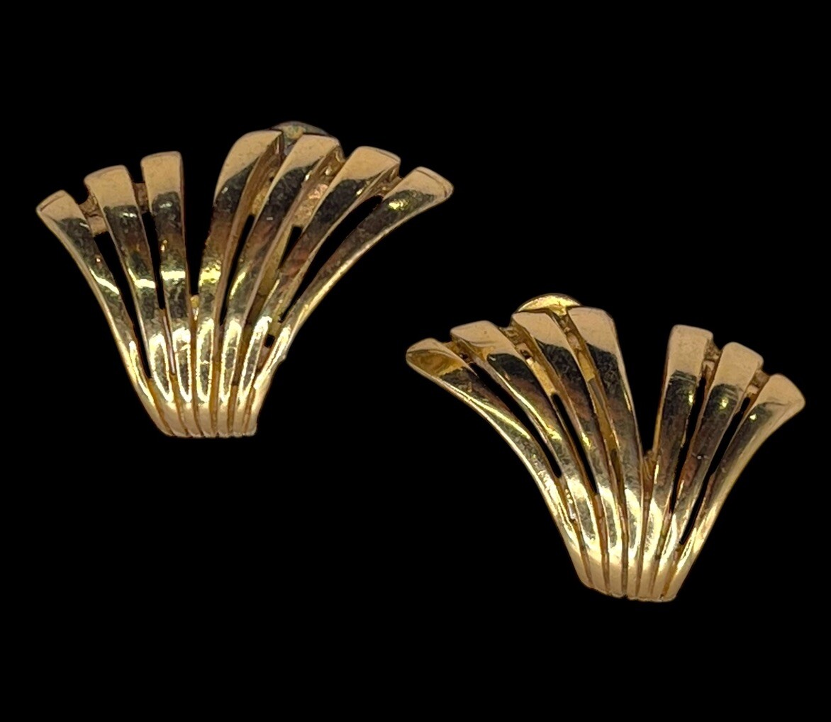 Vintage ORENA Paris Modernist Gold Tone Earrings Clip Ons Fans