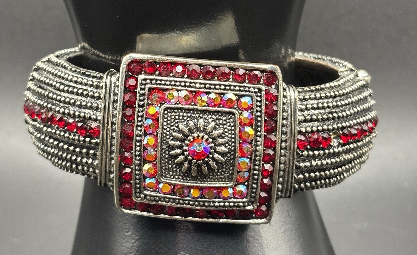 Ruby red and iridescent Aurora Borealis rhinestones Hinged Bracelet