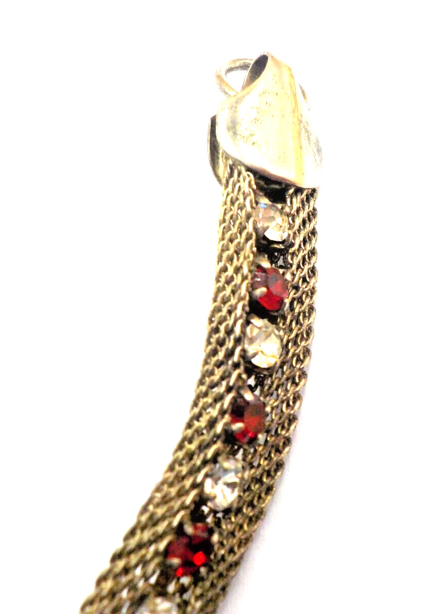 Vintage Mesh Silver-tone Bracelet with Red and White Rhinestones 7″