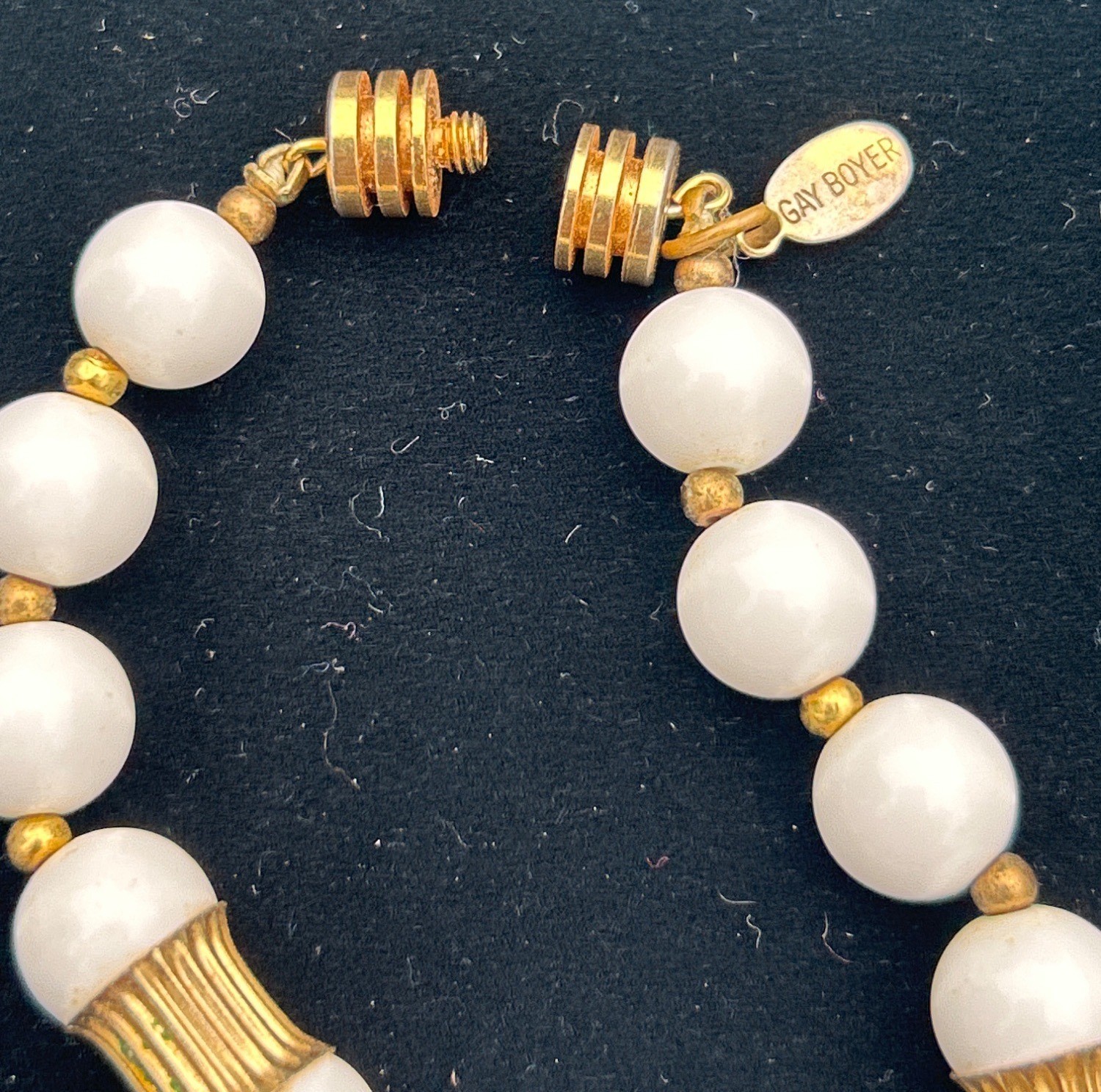 Gay Boyer white lucite beaded gold tone 27” necklace