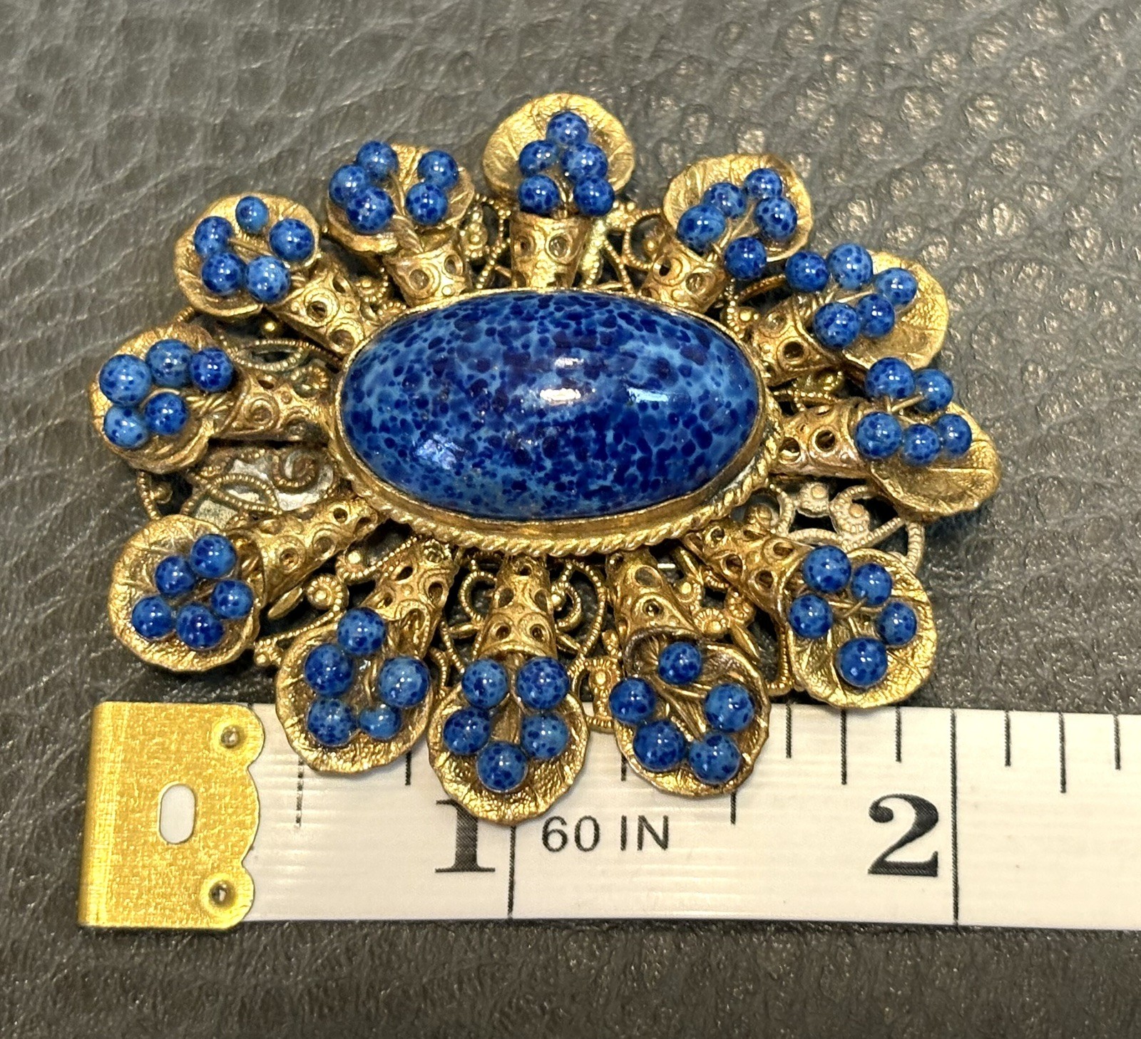 Vintage Large Faux Lapis Wire Beads Gold Tone Filigree Fur Clip Brooch