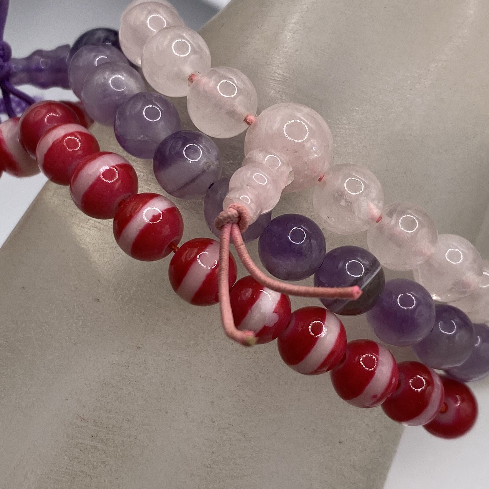 Stone Stretch Bracelet Lot Purple Amethyst Pink Rose Quartz Red Cats Eye Chakra