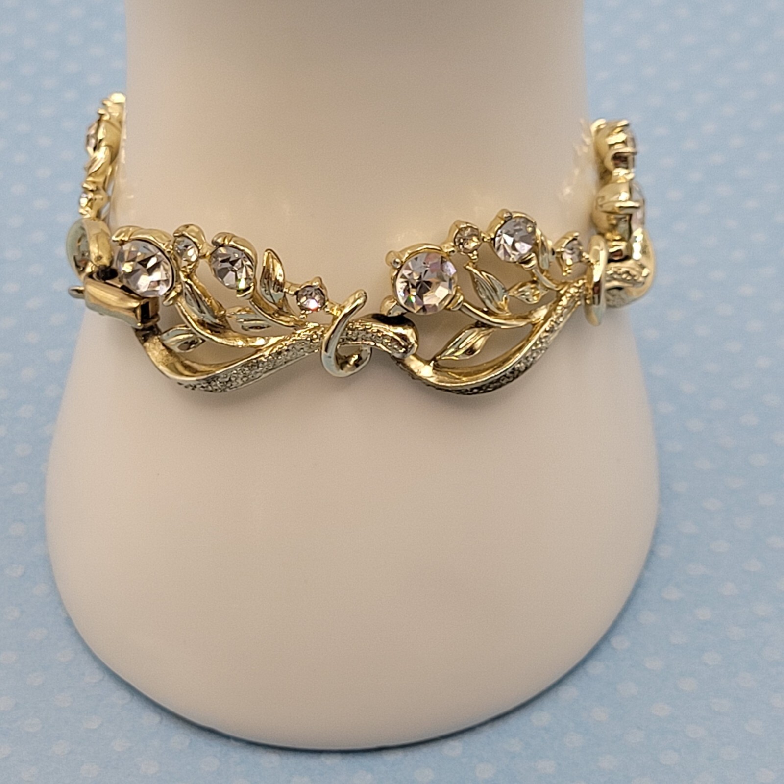 CORO 1960s Clear Rhinestone Bracelet Flower Theme Missing One Small Stone 7 Inch