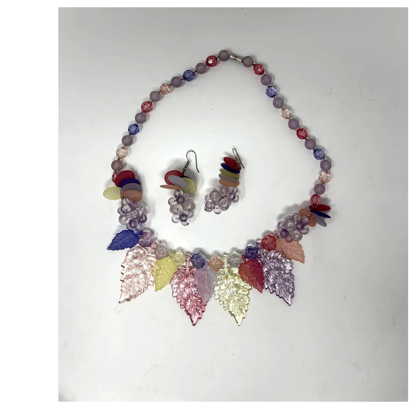 1980s Vintage Acrylic Crystal Colorful Leaf & Fruit Necklace & Earrings Suite