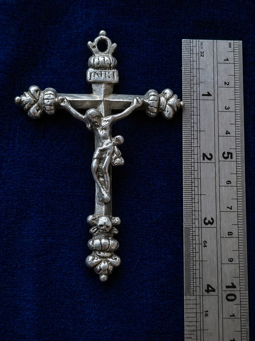 Large Antique Solid Silver Crucifix INRI Skull 18th Century Baroque Rare Religio