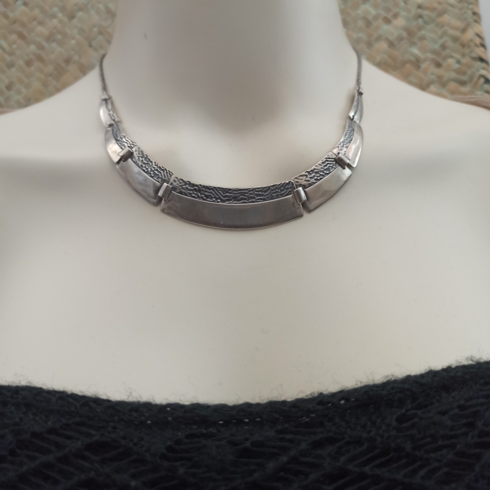 VTG Silver Artisan Necklace Modernist Articulated Links Textured Bib 90s Gift