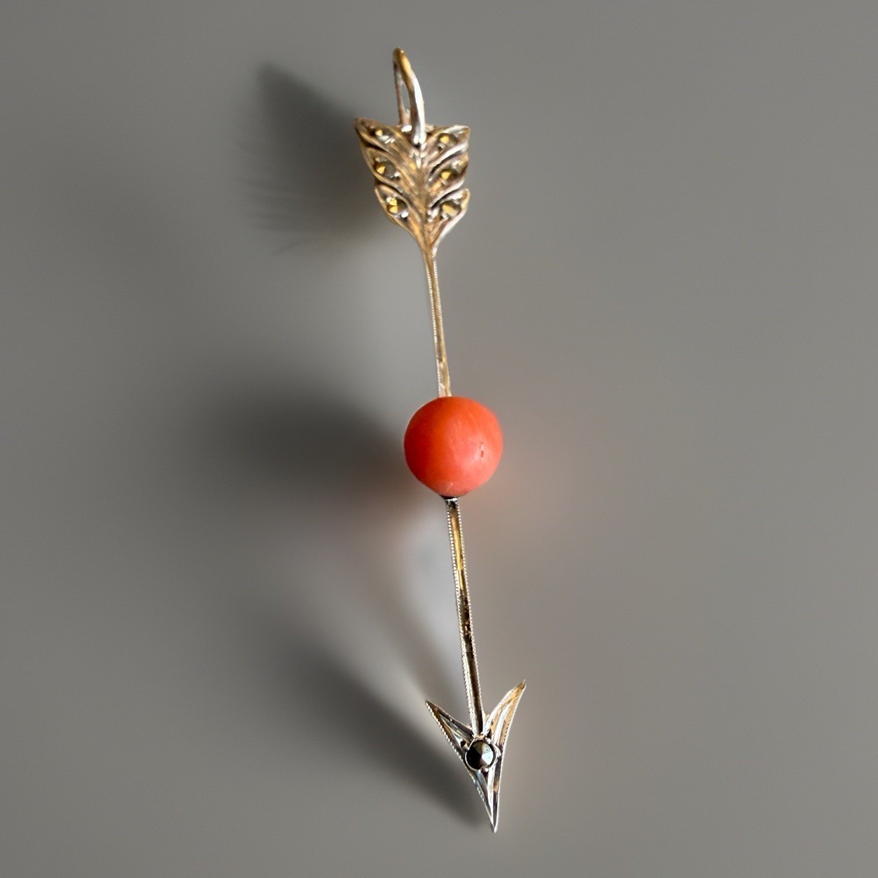 Antique French 800 Silver, Coral & Marcasite Arrow Pendant, C1900