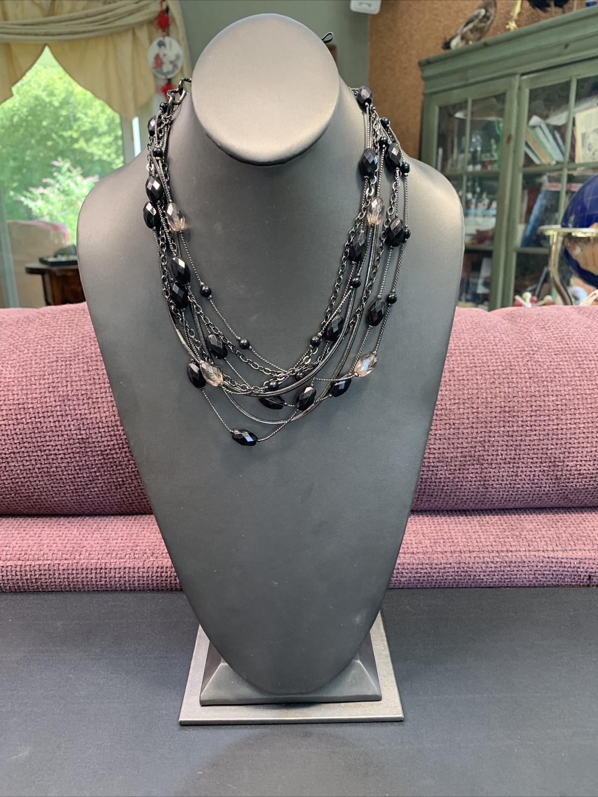 Black beaded long sweater necklace gunmetal gray￼necklace 40” 4 Strand