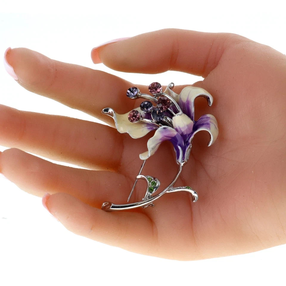 Luxury Jewelry Enamel Purple Orchid Flower Brooch Pin Charm