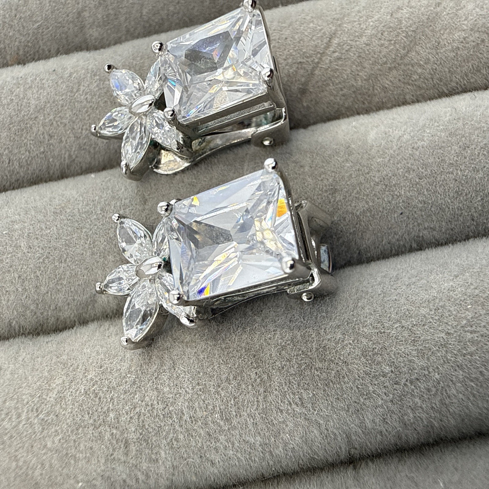 Nolan Miller Earrings Rhinestone Silver Emerald Cut Crystal CLIP ON Cocktail