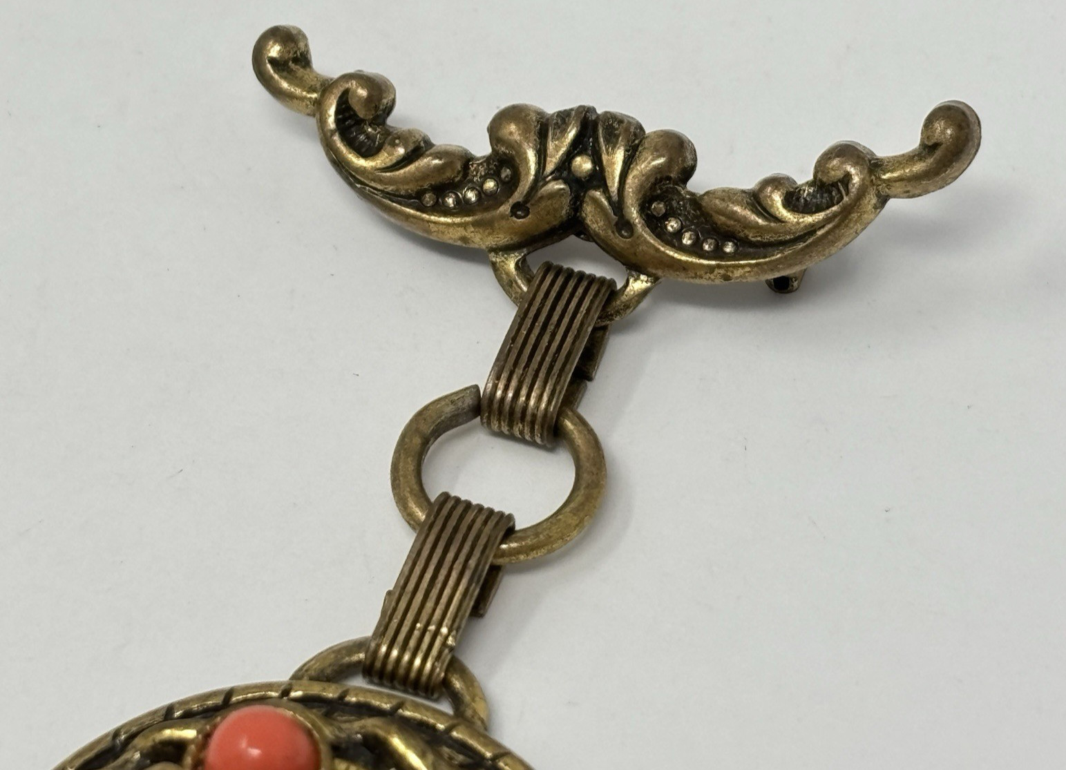 Vintage Etruscan Revival Style Book Chain Dangle Brooch Pin Faux Coral Cabochon